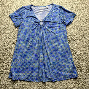 Susan Graver Top Size XS Blue Short Sleeve Round Keyhole Neckline Blouse